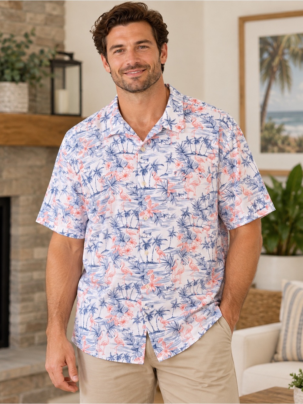 Izod White Short-Sleeve Camp Shirt with Pink Flamingo & Blue Palm Print